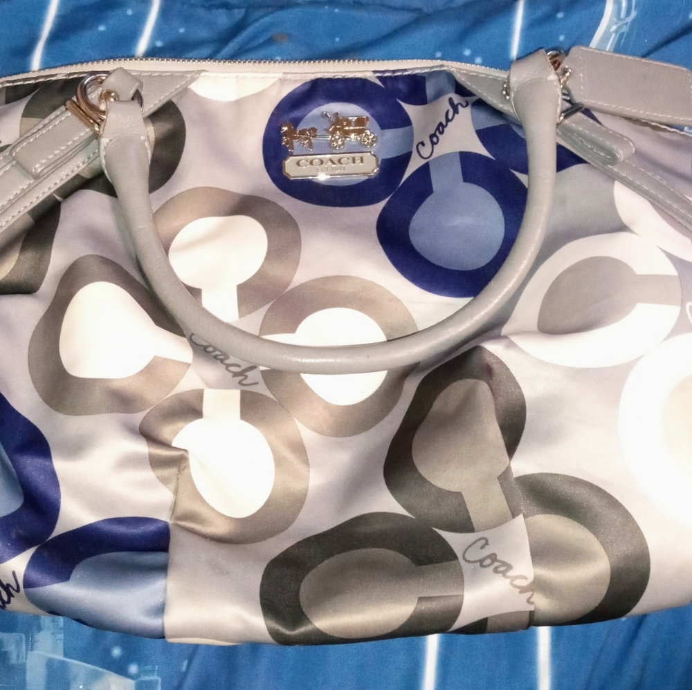 Coach Purse, blue, gray, and white